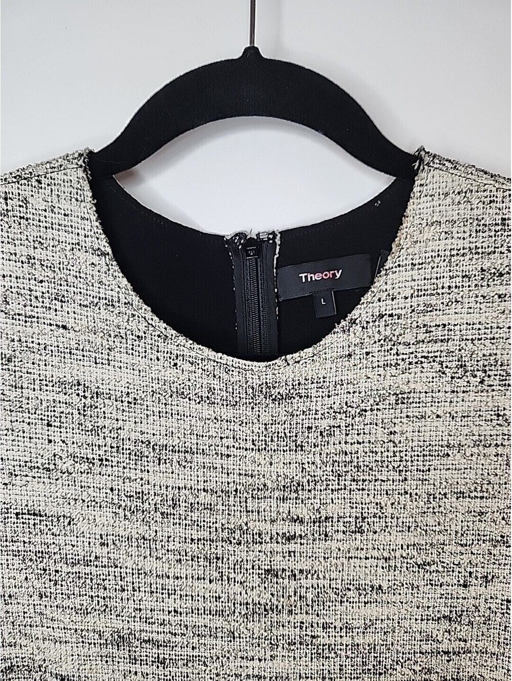 Theory Tweed Sheath Dress Womens L 12 Beige Blk Cotton Blend Sleeveless Career - Picture 2 of 8